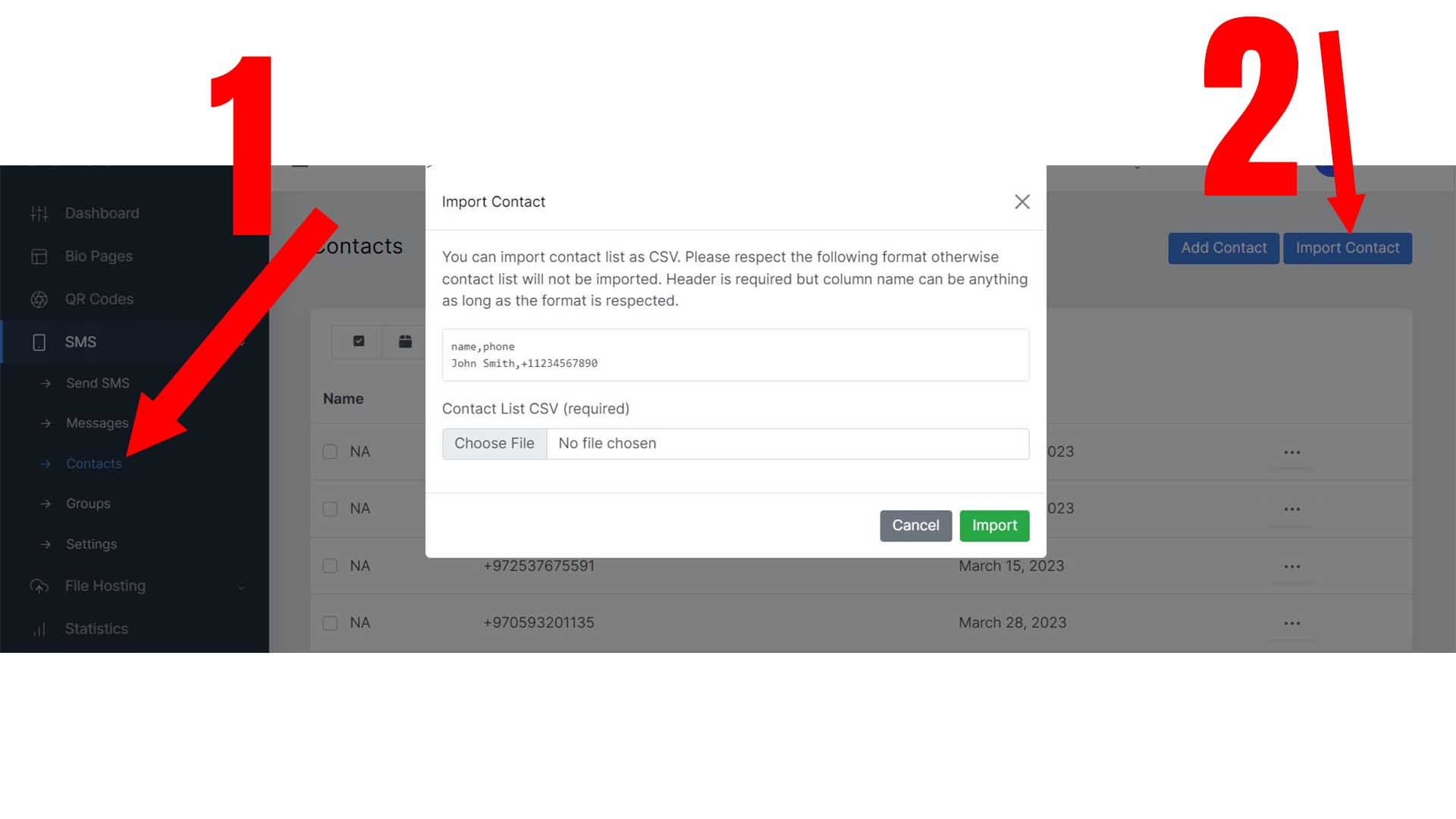 Import your contacts in CSV format to your SMS dashboard